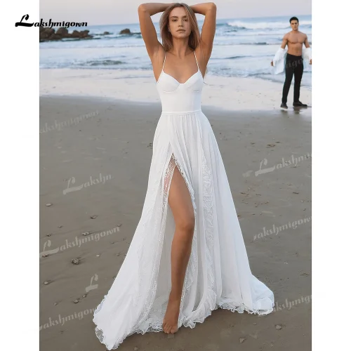 Lakshmigown Chiffon Boho Wedding Dresses 2026 Lace Split Side Wedding Gowns Spaghetti Straps Simple Bridal Gown Customized