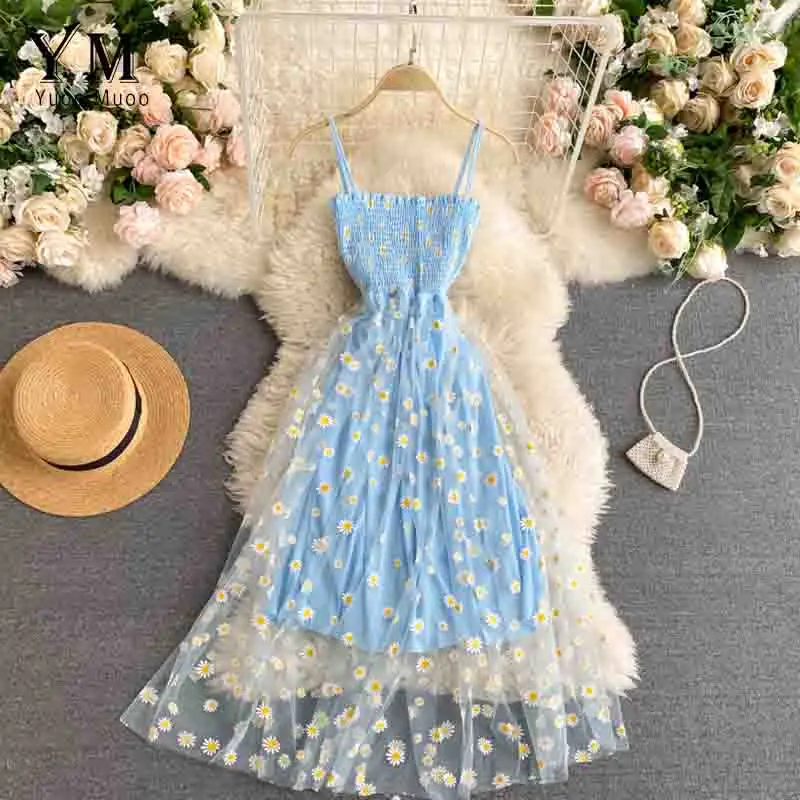 YuooMuoo Korean Fashion Daisy Flower Print Mesh Party Dress Summer Two Layers Spaghetti Strap Vacation Midi Dress Beach Vestidos - Image 4