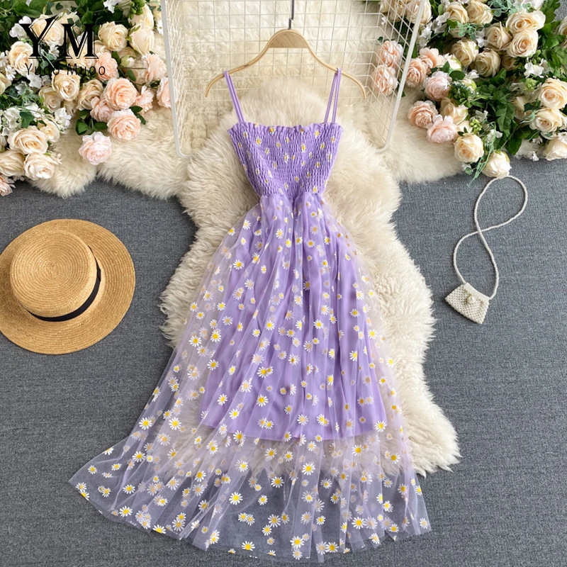 YuooMuoo Korean Fashion Daisy Flower Print Mesh Party Dress Summer Two Layers Spaghetti Strap Vacation Midi Dress Beach Vestidos - Image 3
