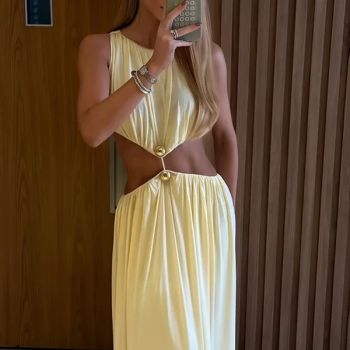 Sisterlinda Metal Patchwork Waistless Long Dresses Women o-Neck Sleeveless Summer Vacation Y2K Style Ruched Elegant Vestidos