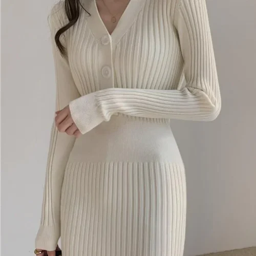 Elegant Long Dresses Autumn Slim Fashion Sweater Dress Elastic Waist Package Hip Bottoming Knitwear V Neck Korean Bodycon Dress
