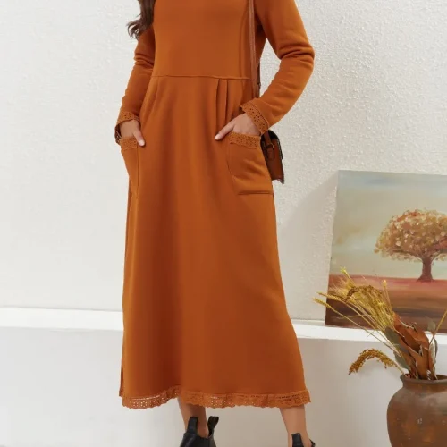 2024 Autumn Winter New Long Dresses for Women Flower Lace Edge Loose Maxi Dress Casual Long Female Solid Color Pocket Vestidos