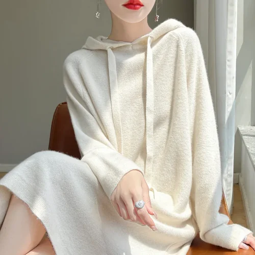 Mid-length 100% pure cashmere sweater dress women's thick drawstring hooded sweater knee-length dress loose. - White, 3XL