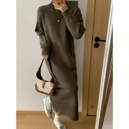 Autumn and winter high-necked solid color with long over-the-knee knit dress women's loose cashmere sweater long skirt